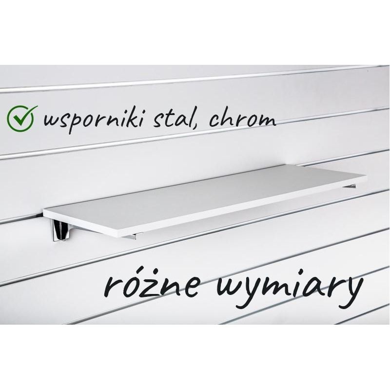 Półka z płyty Slatwall, Popiel, wsporniki chrom