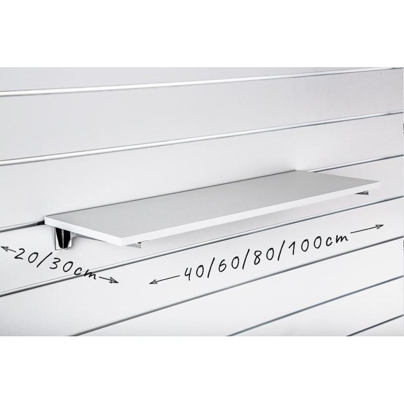 Półka z płyty Slatwall, Popiel, wsporniki chrom