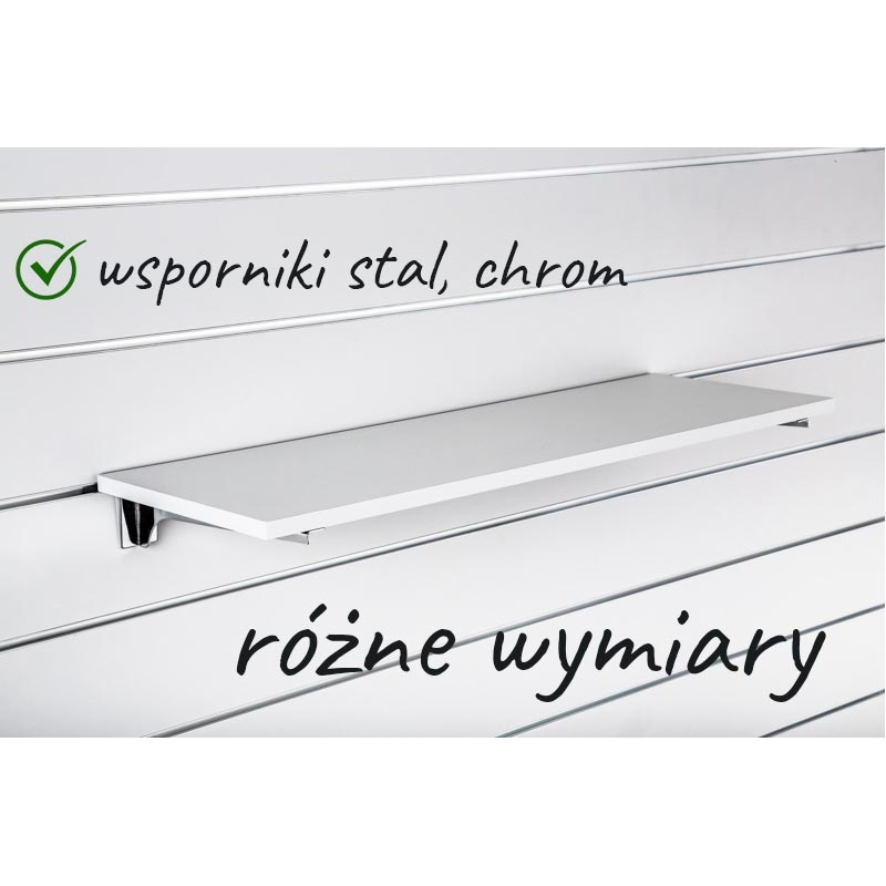 Półka z płyty Slatwall, Popiel, wsporniki chrom