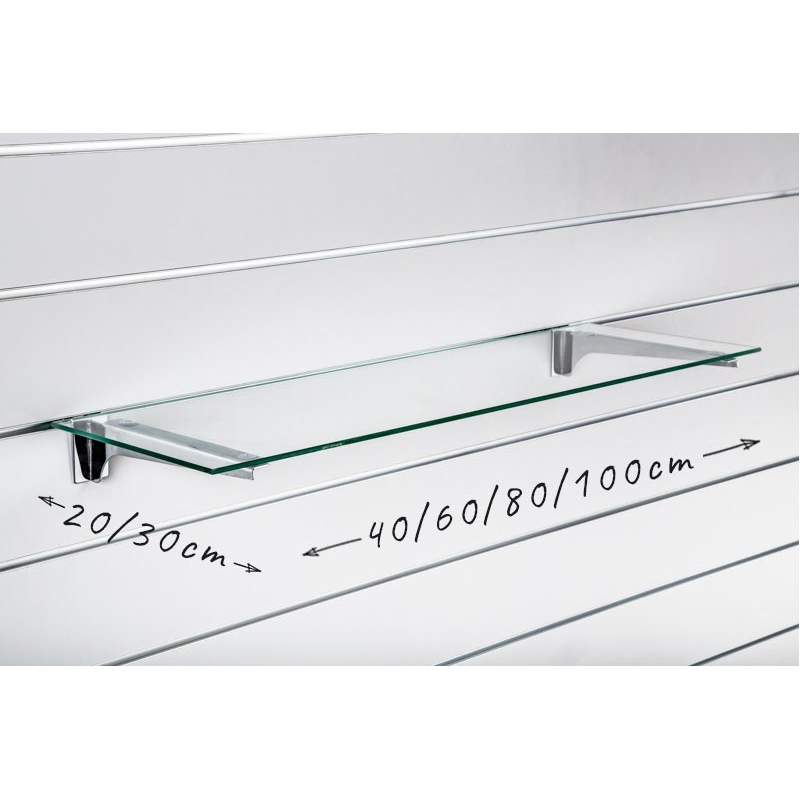 Półka szklana Slatwall, wsporniki chrom
