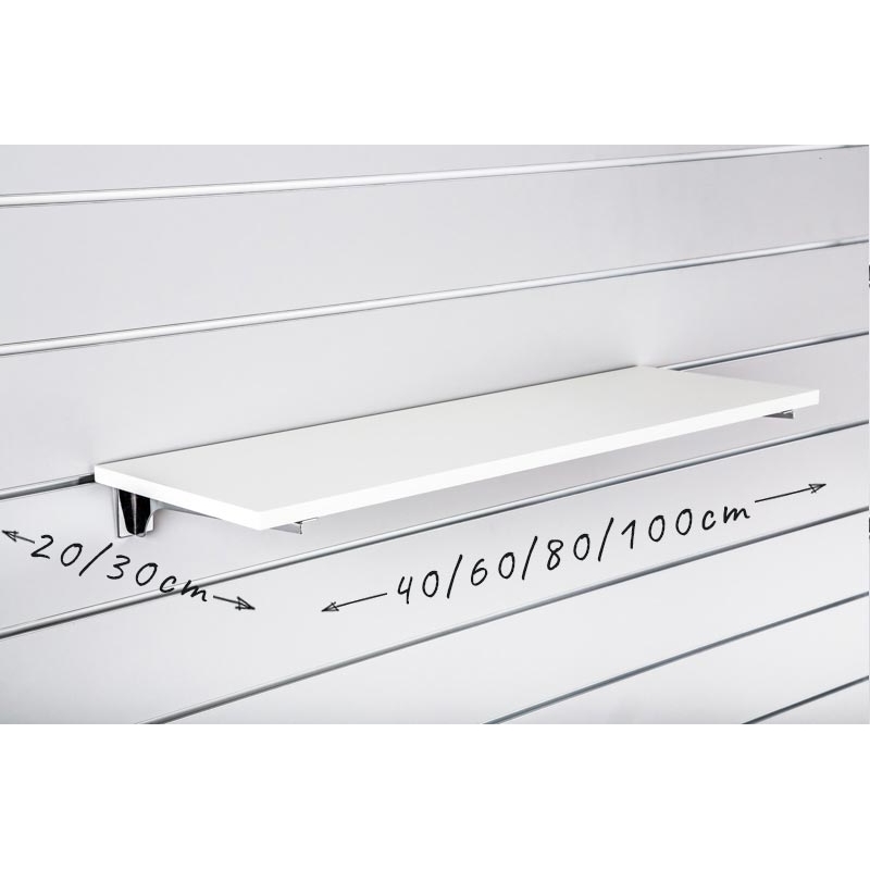 Półka z płyty Slatwall, Biała, wsporniki chrom