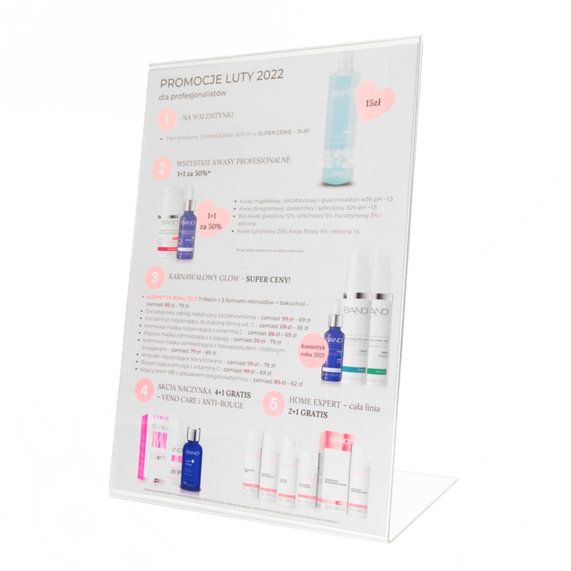 Stojaczek informacyjny L, bezbarwny, różne formaty