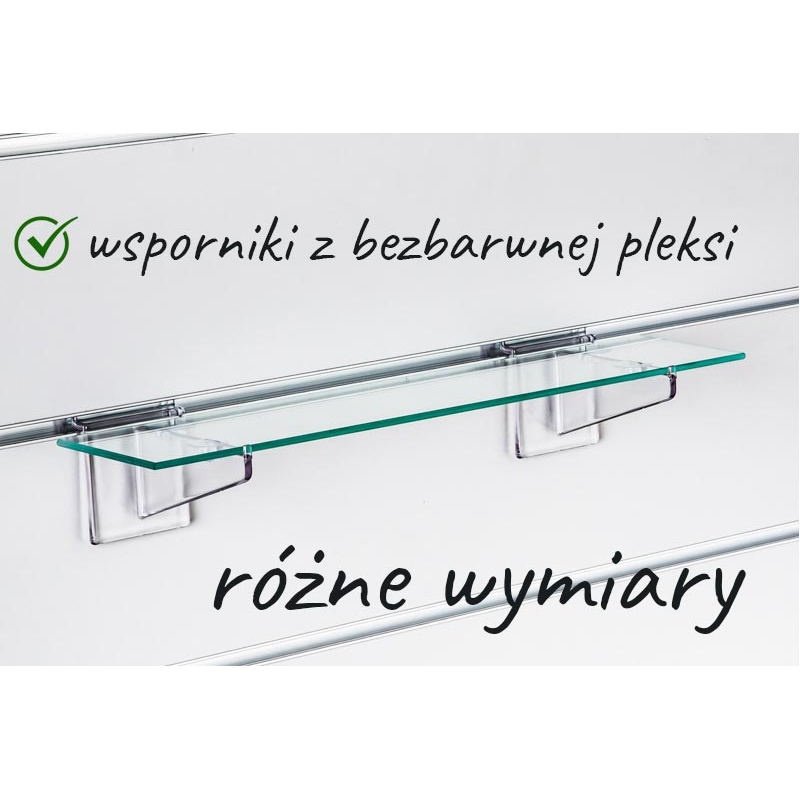 Półka szklana Slatwall, wsporniki pleksi